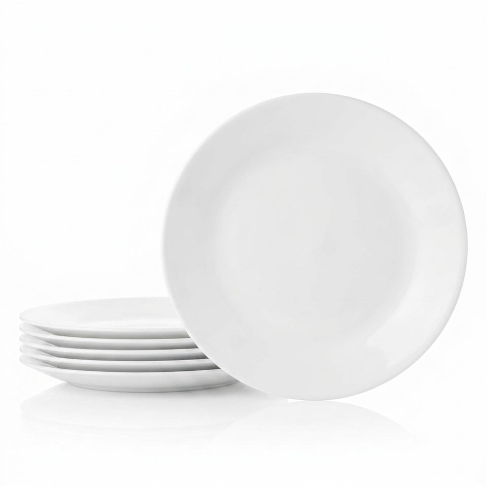 Corelle Vitrelle salad plates stacked for compact storage and easy handling.