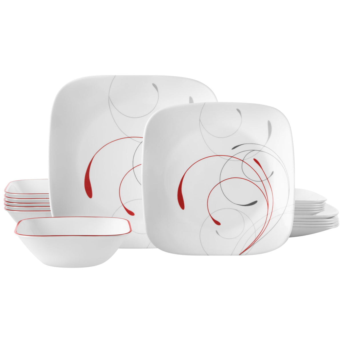 Corelle Vitrelle Splendor dinner plates with soft gray and red tones for everyday dining.