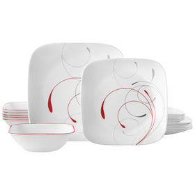 Corelle Vitrelle Splendor dinner plates with soft gray and red tones for everyday dining.