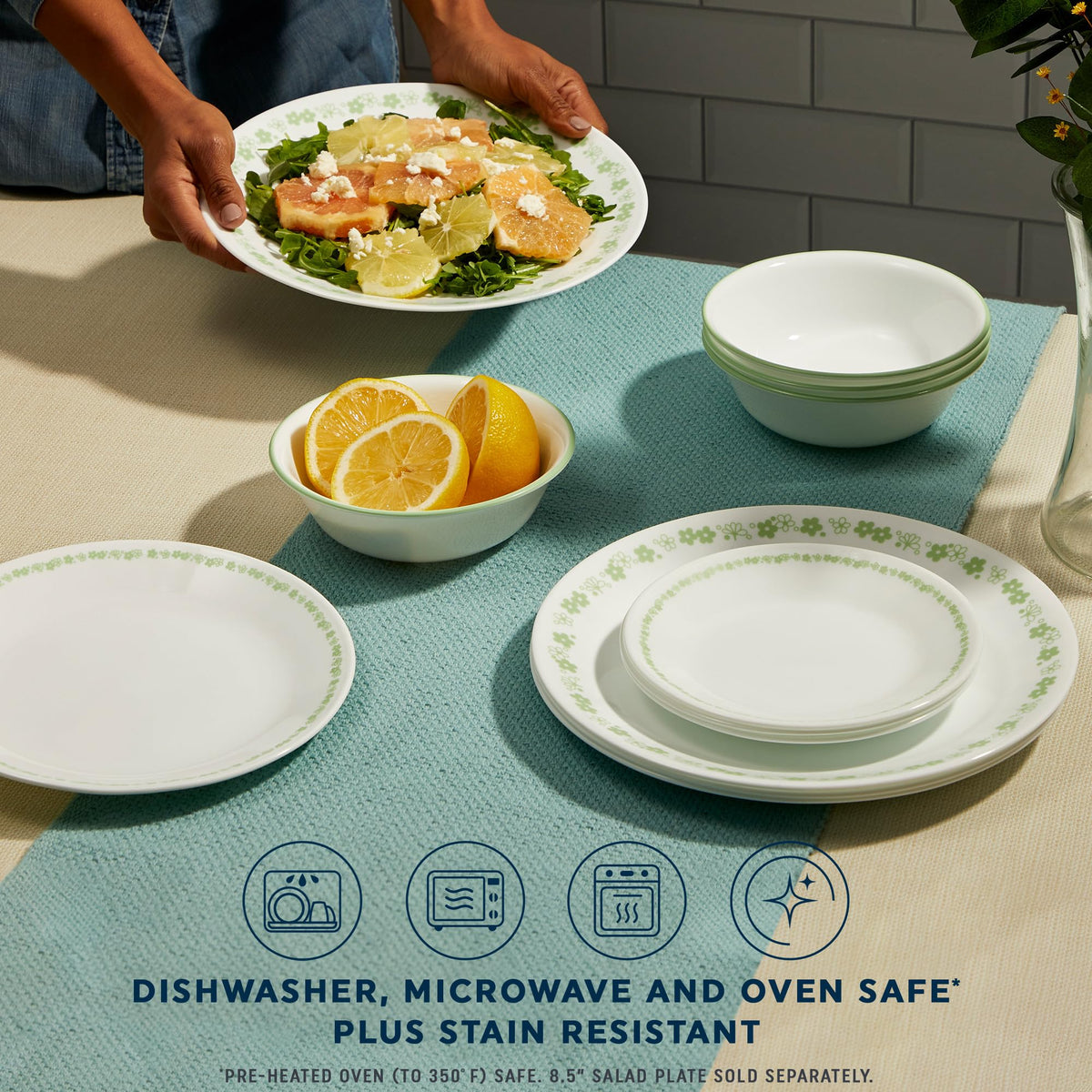Corelle Vitrelle Spring Blossom Green stackable dishes save kitchen space