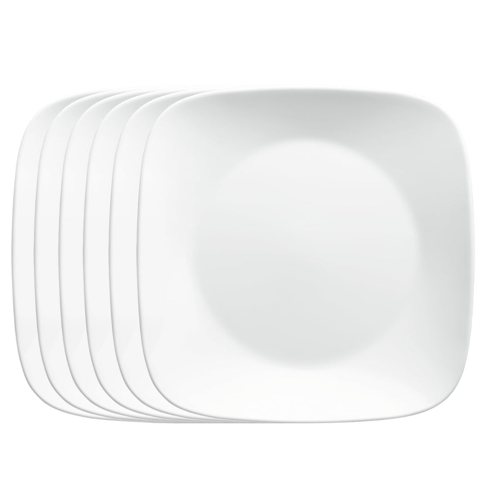 Corelle Vitrelle square 9-inch plate in white focusing on lightweight, stackable design