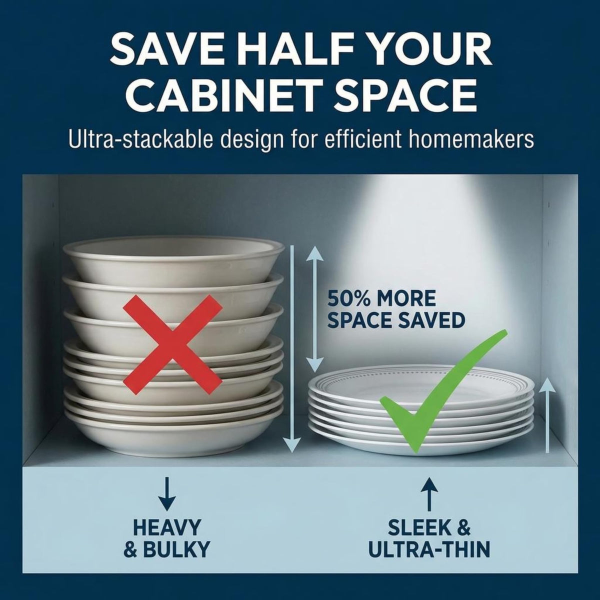 Corelle Vitrelle compact stacking saves cabinet space.