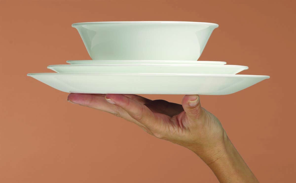 Corelle Winter Frost White 32cm platter, stackable design for space-saving storage.