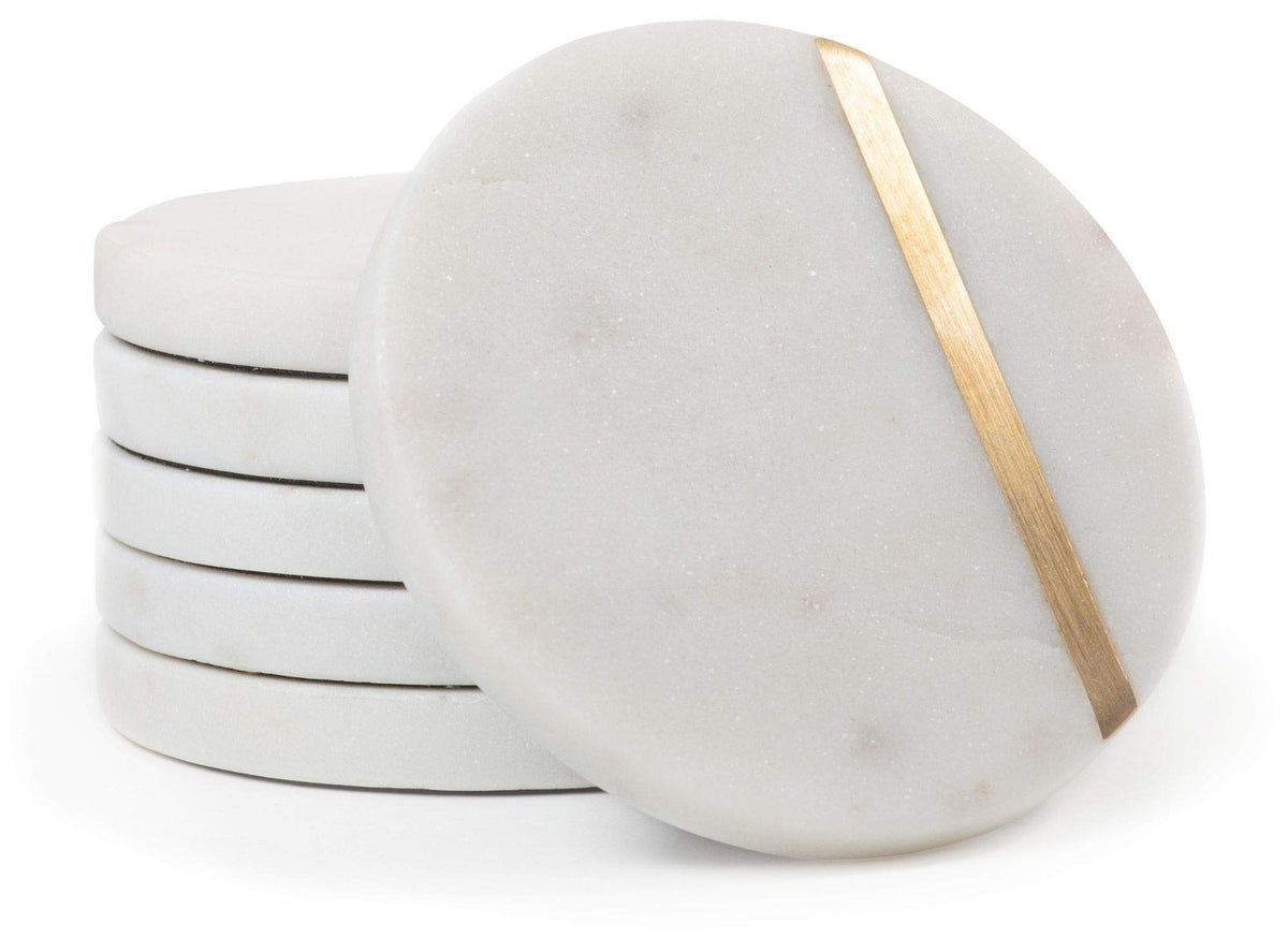 Cork & Mill marble coaster set of 6, top view shows luxe white marble and gold inlay.