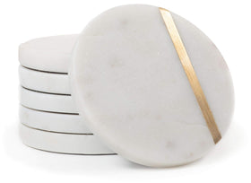 Cork & Mill marble coaster set of 6, top view shows luxe white marble and gold inlay.