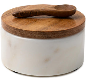 Cork & Mill white marble salt cellar with lid and spoon, keeps salt dry on the counter.