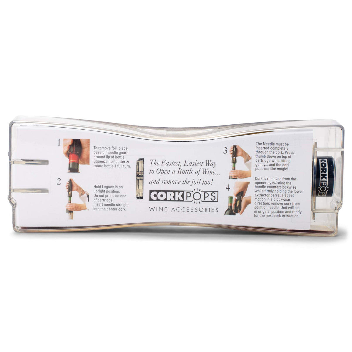 Cork Pops Legacy needle guard provides safe cork extraction.