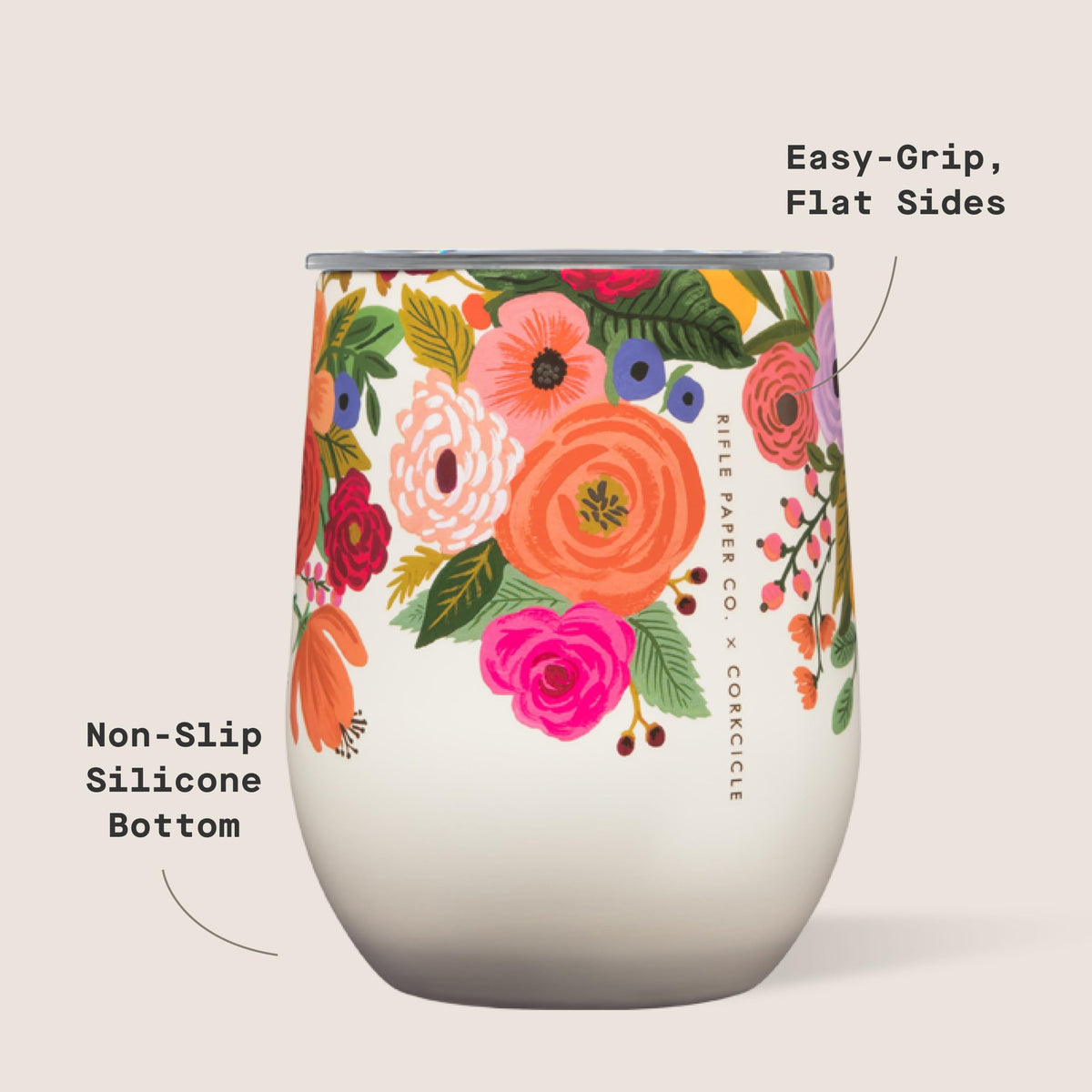 Vibrant color Corkcicle stemless 12oz tumbler at a garden party.