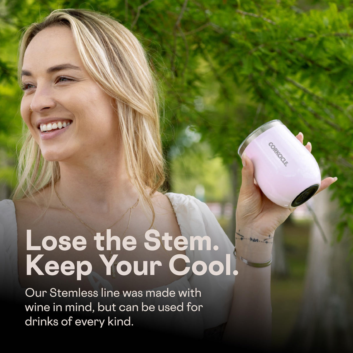12oz Corkcicle stemless tumbler ready for wine or beverages.