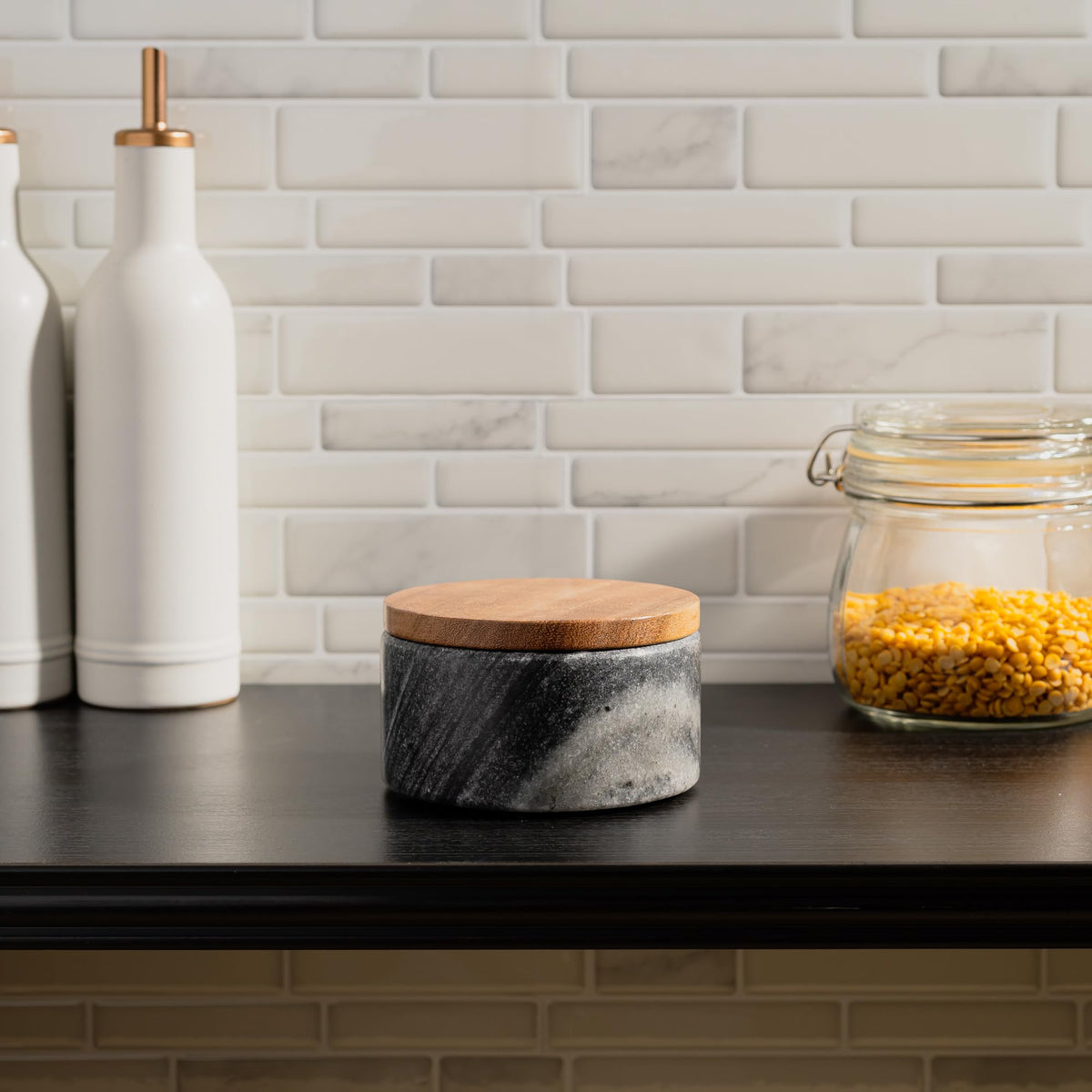 Cork & Mill modern salt container for countertop display.