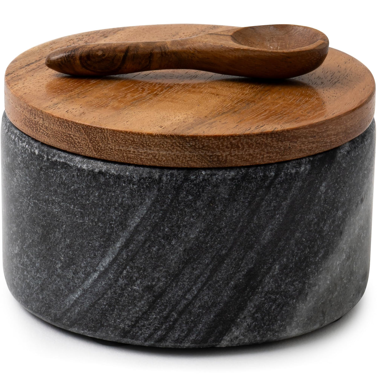 Cork & Mill grey marble salt cellar with acacia lid and spoon for easy seasoning.