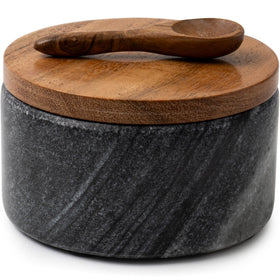 Cork & Mill grey marble salt cellar with acacia lid and spoon for easy seasoning.