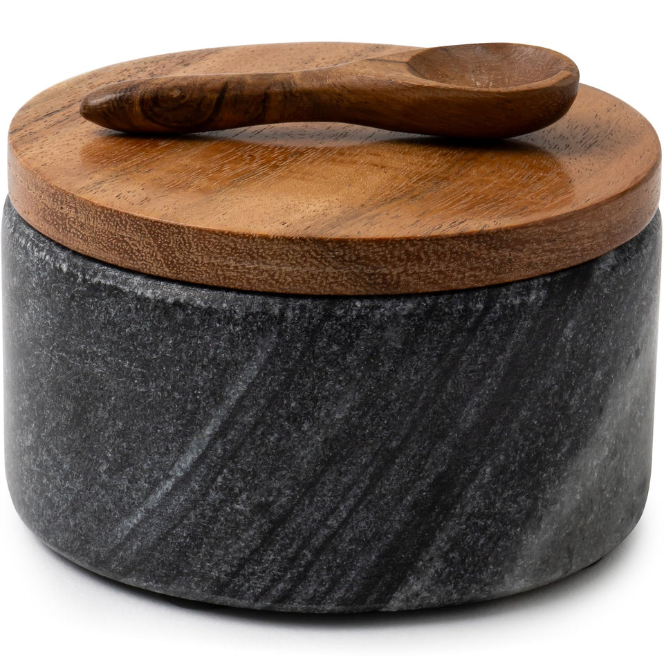 Cork & Mill grey marble salt cellar with acacia lid and spoon for easy seasoning.