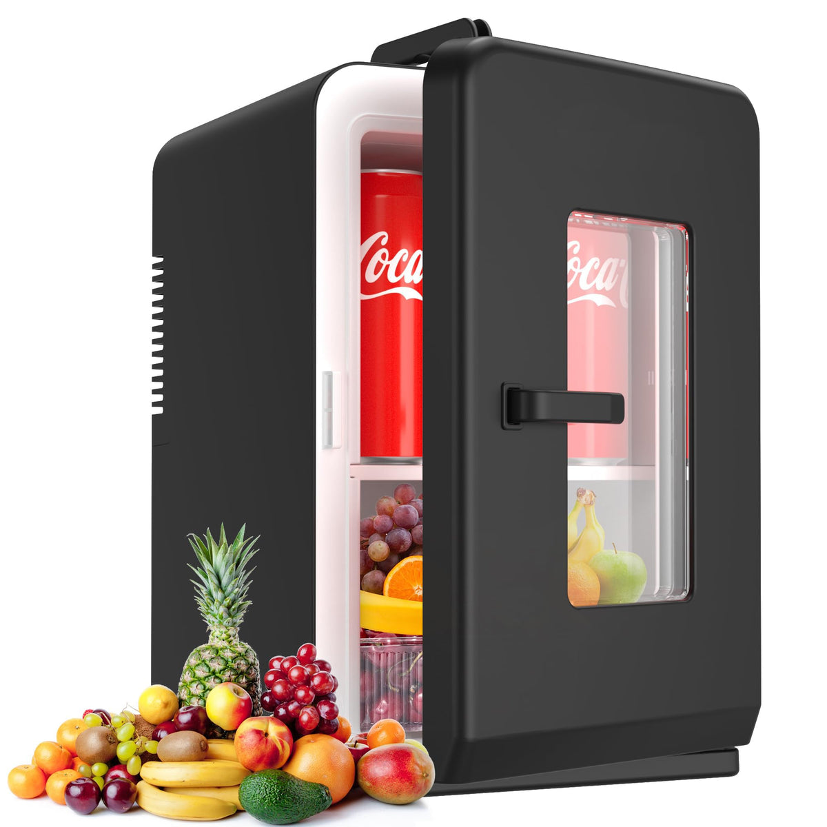 Cormix mini fridge 15L interior with shelves for skincare, drinks, and snacks