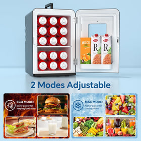 Cormix mini fridge cools to 41°F for cold beverages