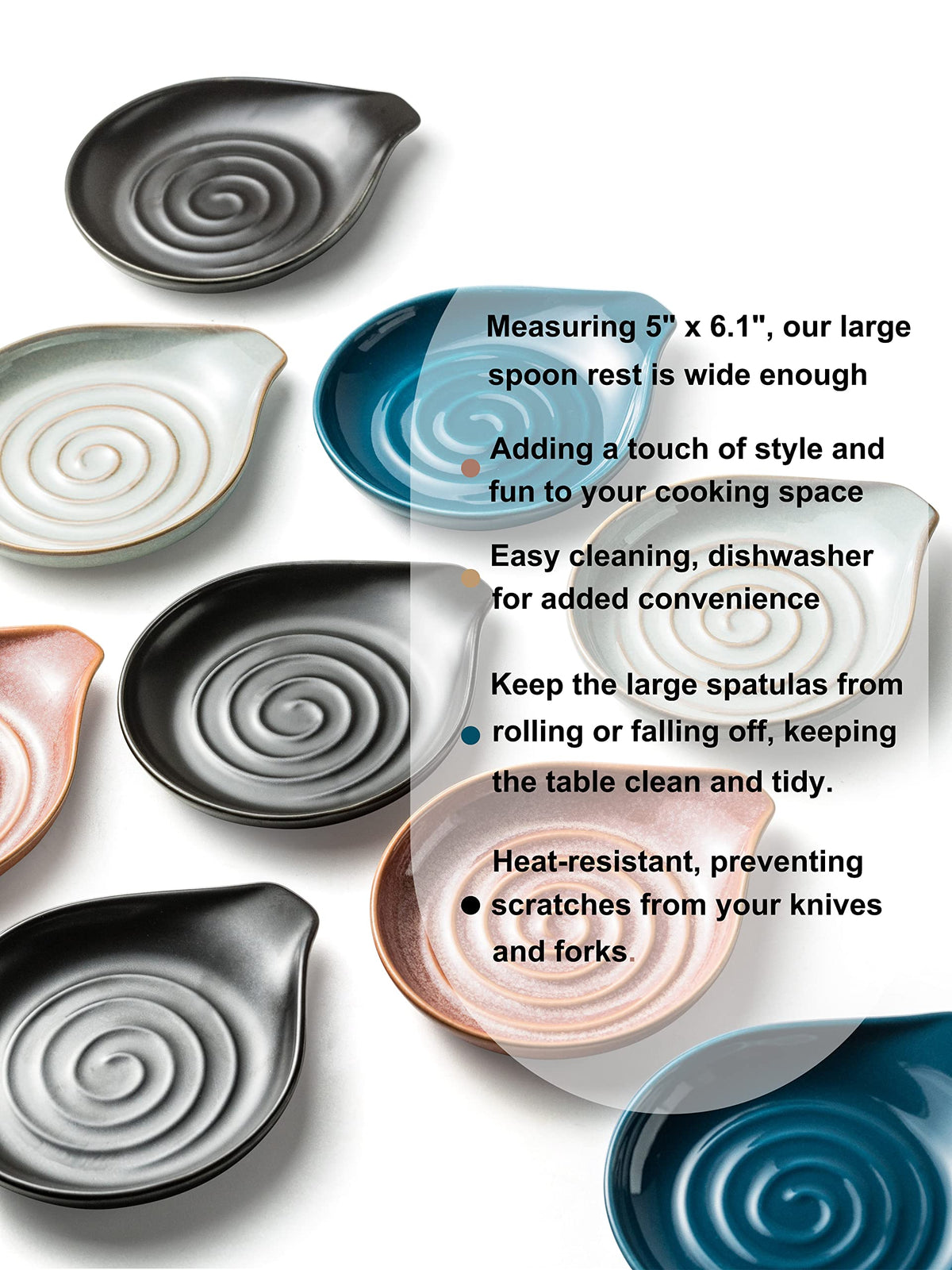 Cormomu spoon rest with 6.1 x 5 inch footprint keeps utensils tidy.