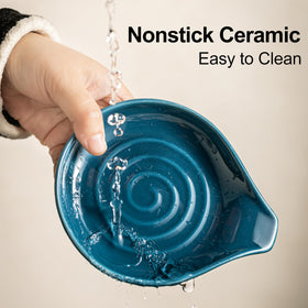Close-up of Cormomu ceramic spoon rest shows glossy blue swirl.