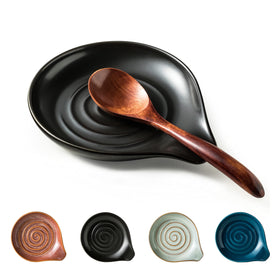 Cormomu spoon rest with black swirl keeps countertops tidy and utensils organized