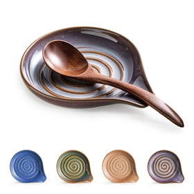 Cormomu spoon rest with deep drip tray in purple keeps utensils tidy.