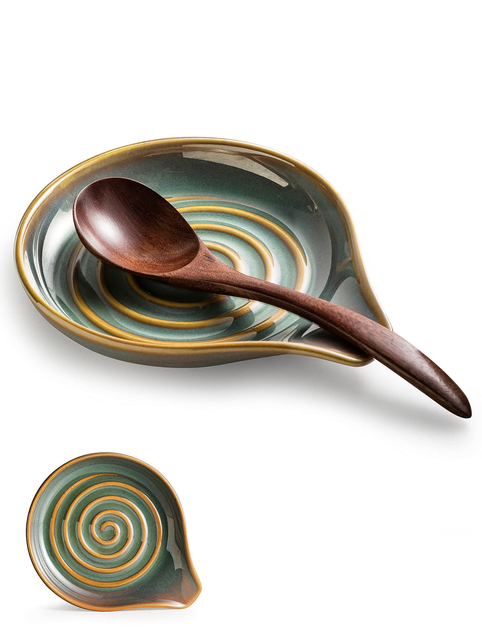 Cormomu spoon rest on stovetop with blue-green glaze keeps utensils within reach and countertop tidy.