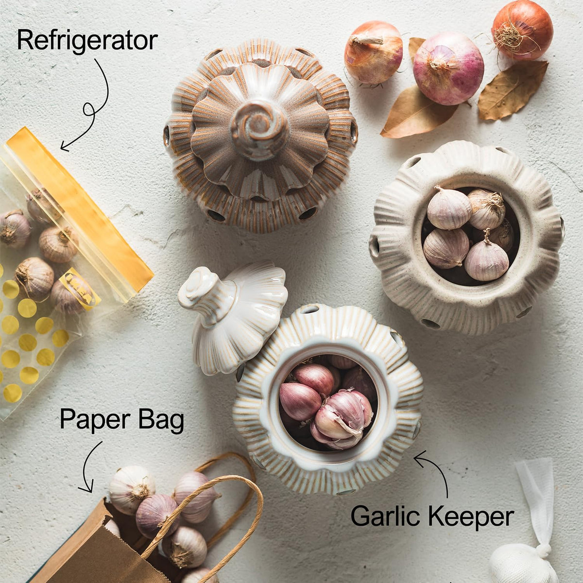 Cormomu vented garlic keeper highlights 12 vents for airflow.