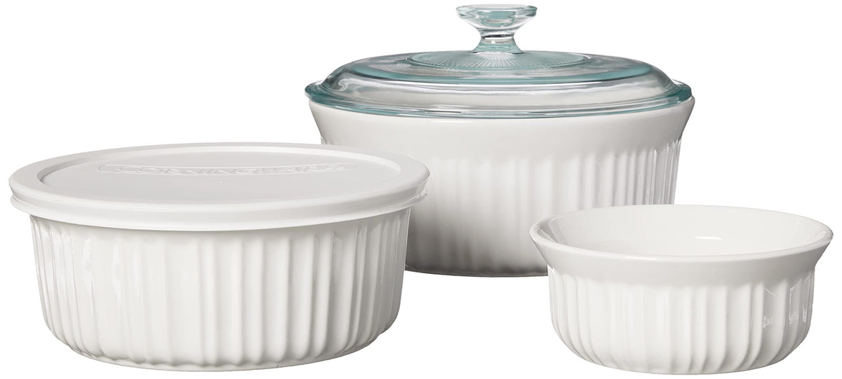 CorningWare 2.5-quart round casserole with glass lid ready for baking and serving