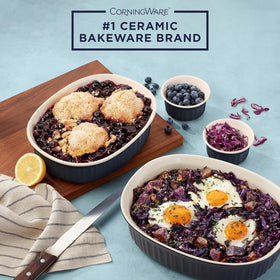 CorningWare glass and BPA-free plastic lids for safe storage and reheating.
