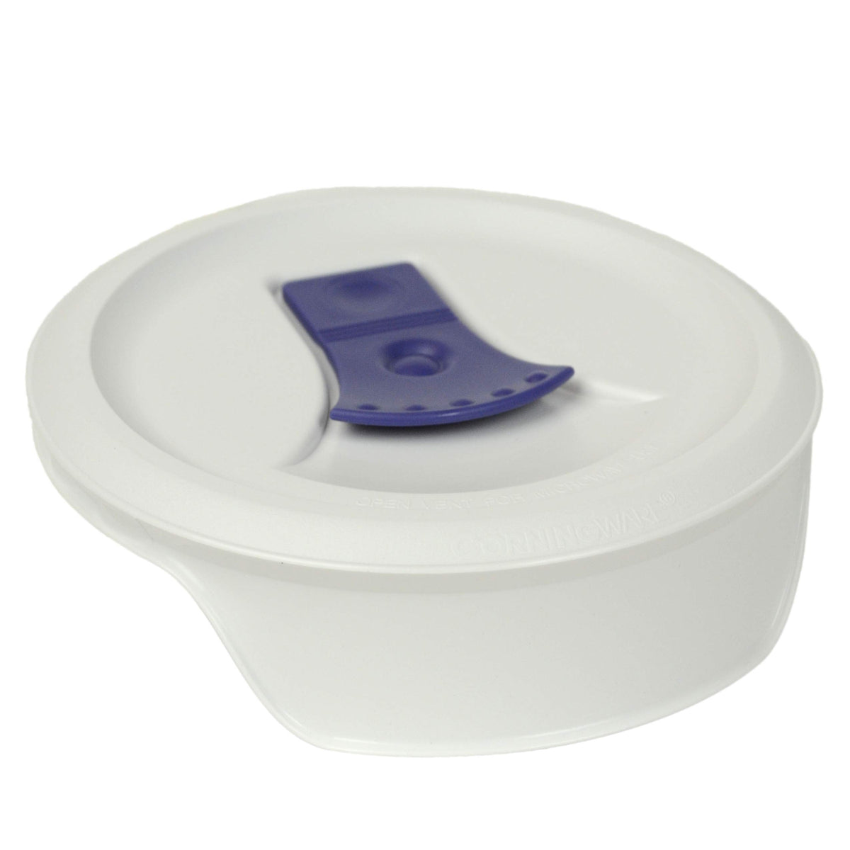 CorningWare vented lid with removable blue vent for easy cleaning and top-rack dishwasher use