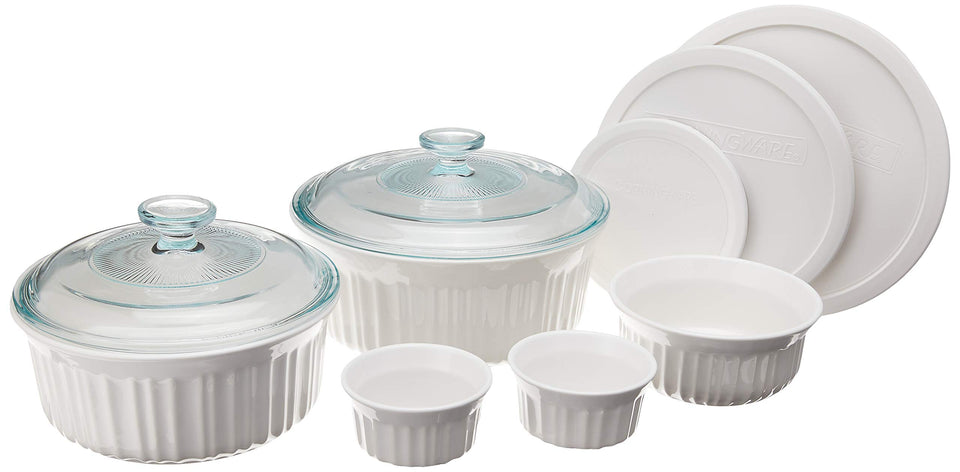 CorningWare French White 2.5qt round casserole with glass lid—durable, family-size bakeware