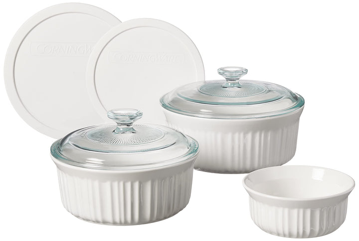 CorningWare French White 7-Piece Bakeware set on counter for oven-to-table use