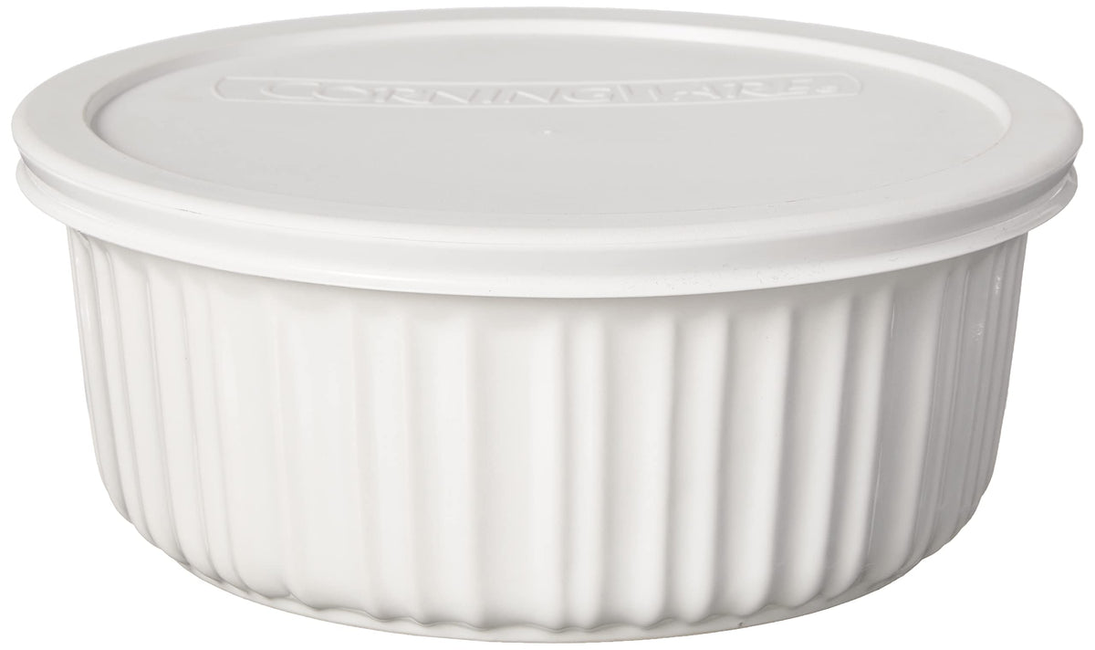 CorningWare French White bakeware on table highlighting durable stoneware