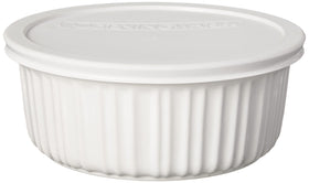 CorningWare French White bakeware on table highlighting durable stoneware