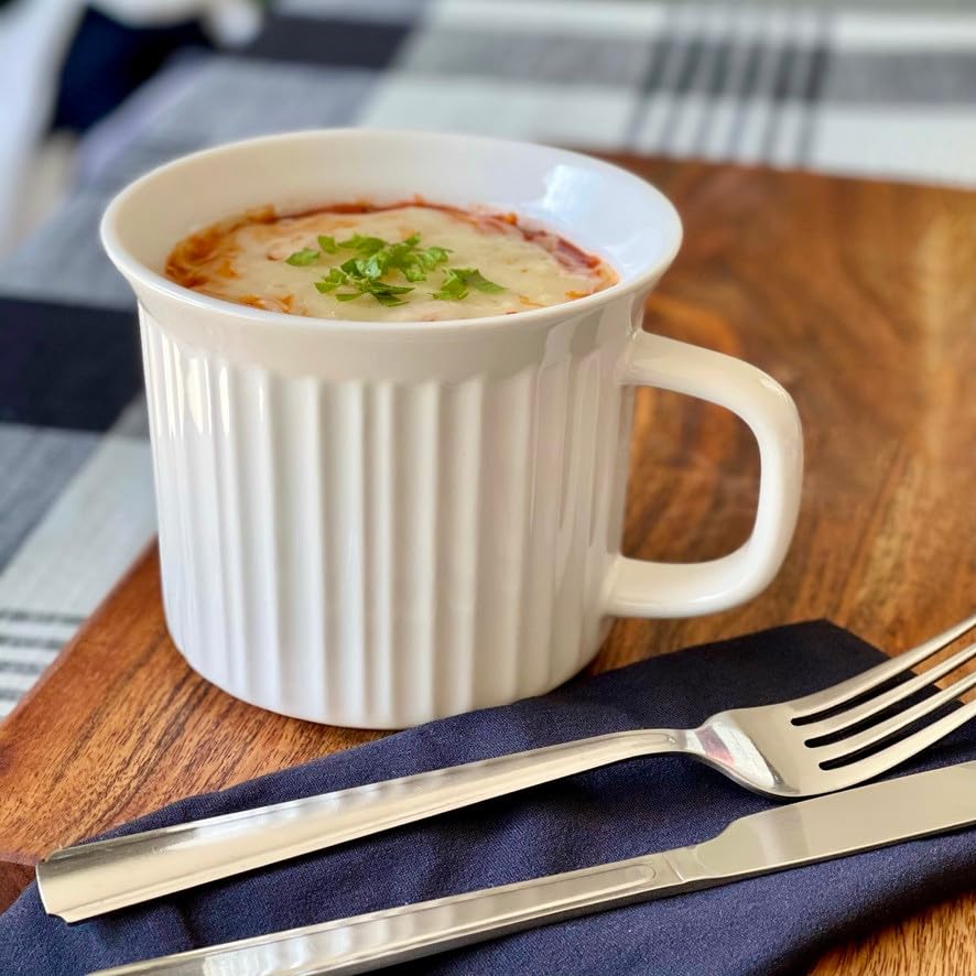 CorningWare mugs shown as microwave and oven safe for reheating.