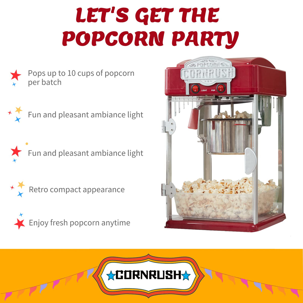 CORNRUSH nonstick kettle popcorn maker delivers large yield efficiently