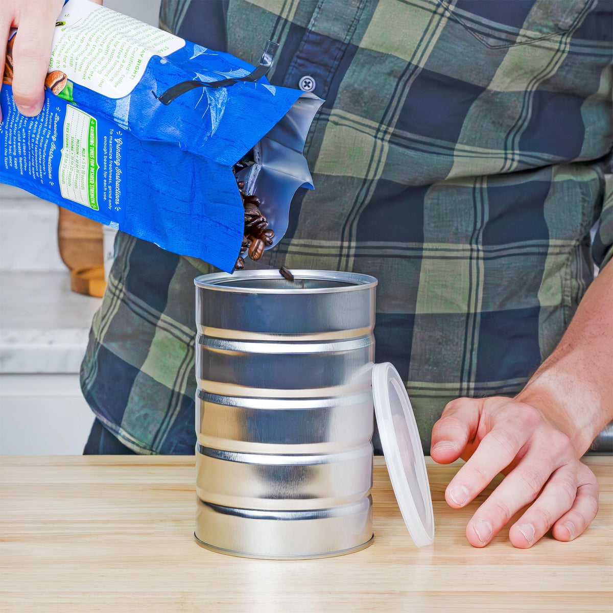 Cornucopia Brands four-pack steel cans stacked for bulk organization.