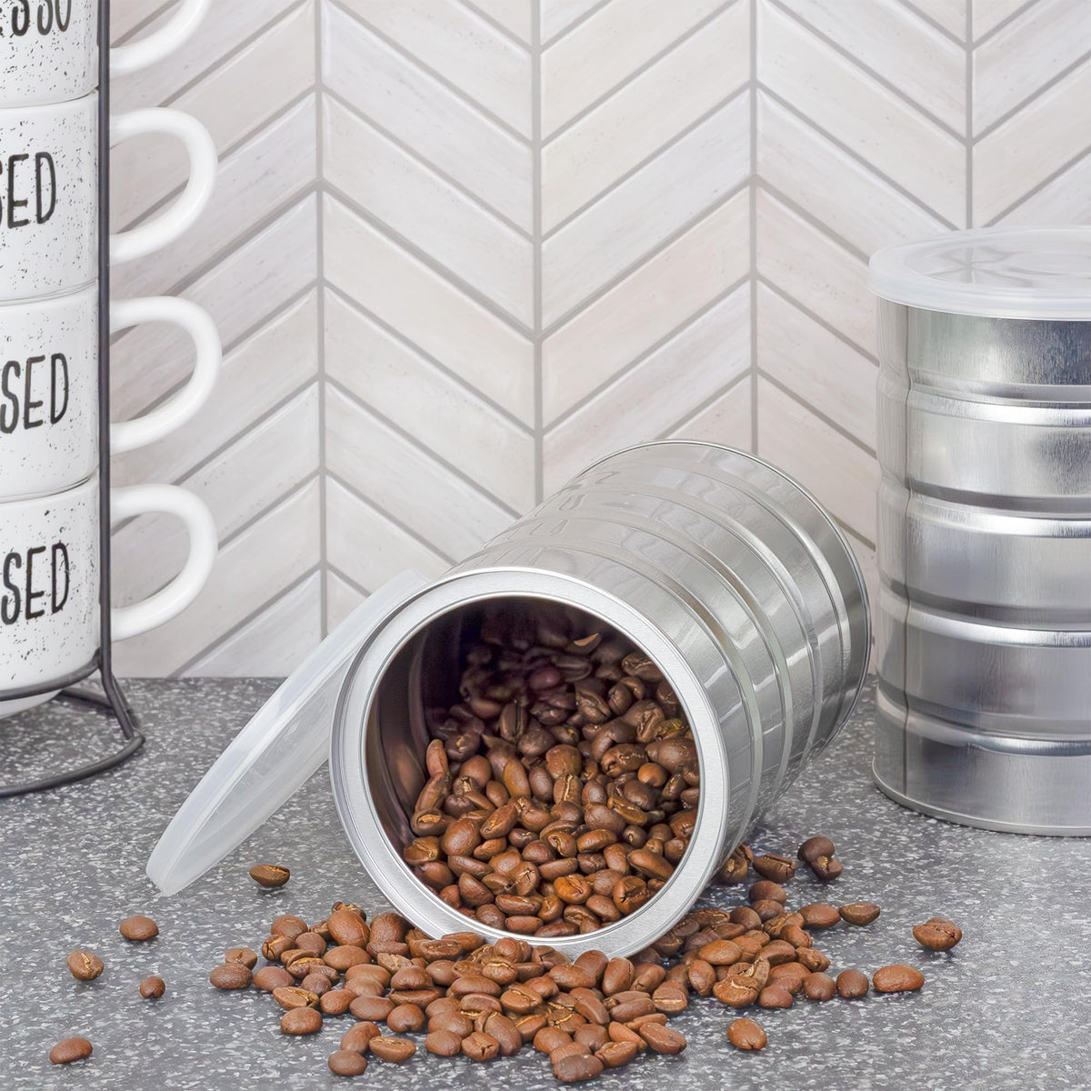 Cornucopia Brands empty coffee can in silver steel finish for durable storage.