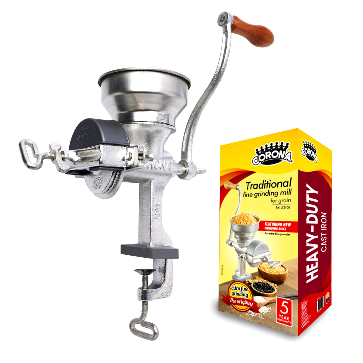 Corona grain mill with cast-iron body and high-capacity hopper for durable, precise grinding.