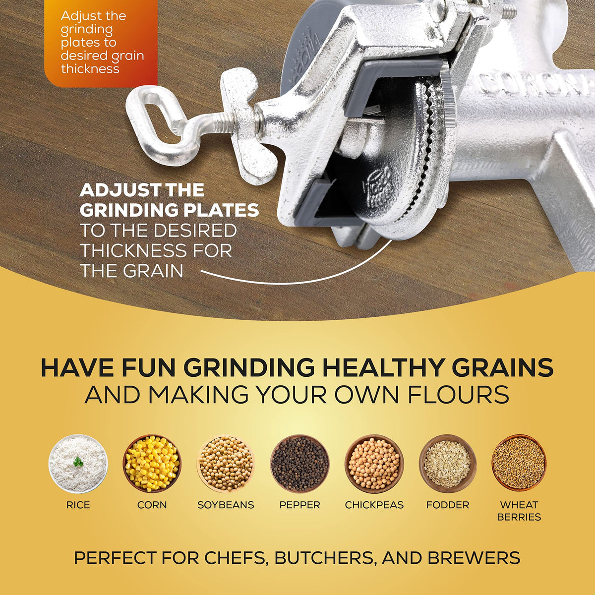 The Corona grain mill mounted on a counter, stabilizing grinding during use.
