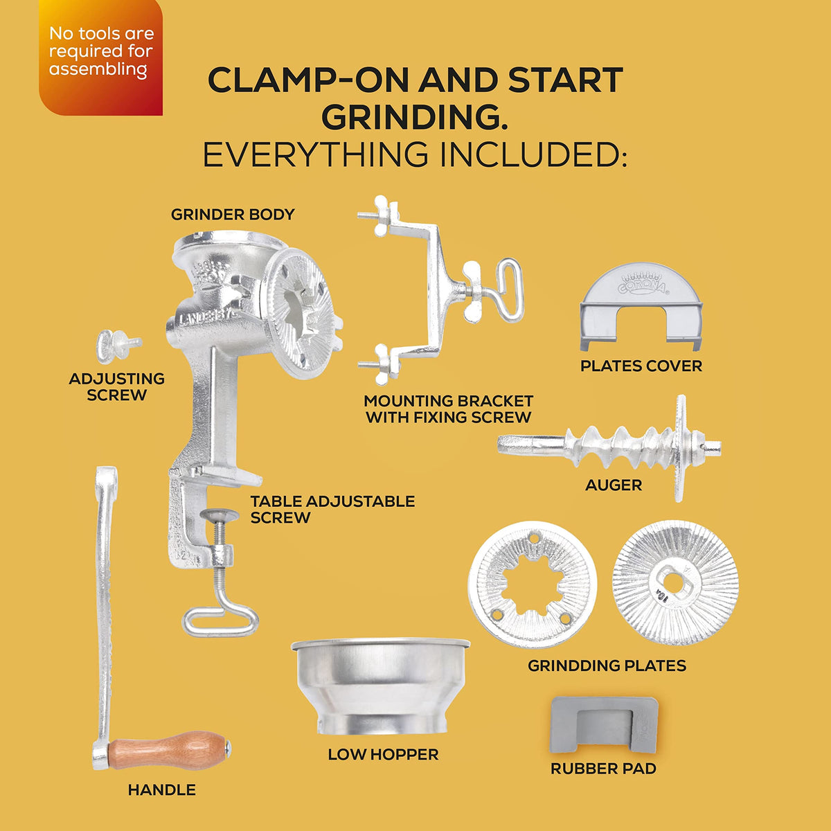 Manual crank on the Corona grain mill demonstrates quiet, dependable operation.