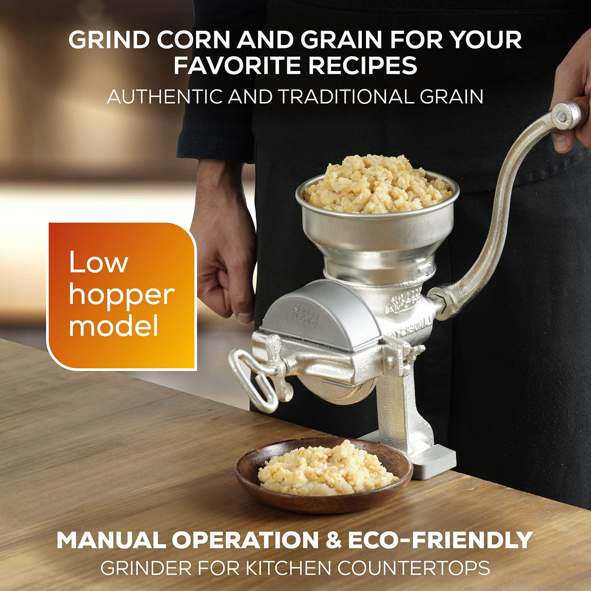 Close-up of the Corona grain mill hopper showing 0.8-quart capacity for efficient batches.