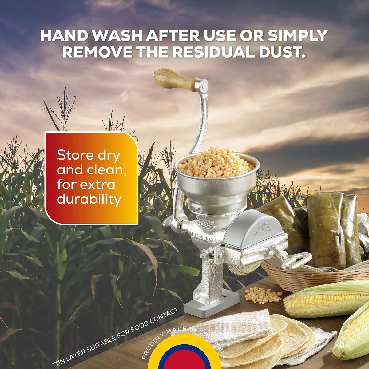 Tin-plated steel inside the Corona grain mill resists rust for lasting flavor.