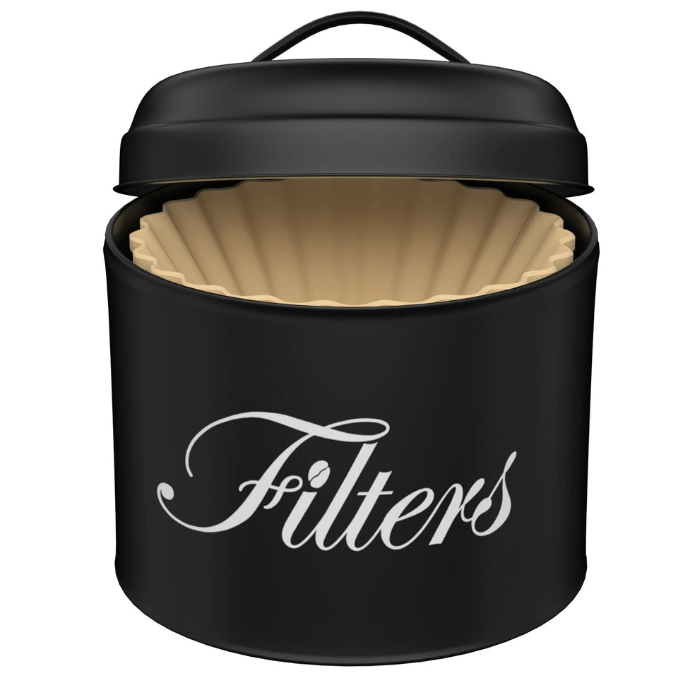 CORTNK black basket coffee filter holder with lid on the counter keeps filters dust-free.