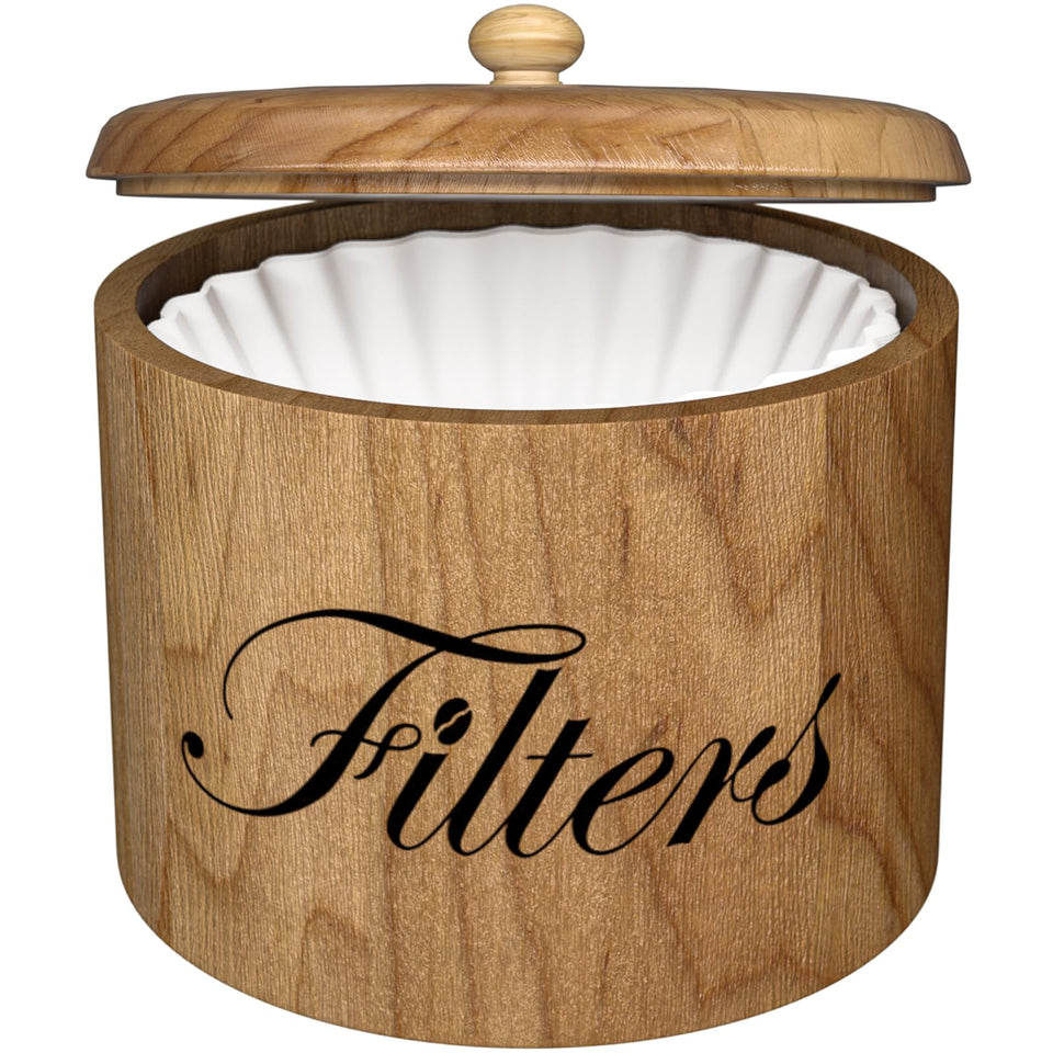 CORTNK coffee filter holder with lid on counter keeps filters organized and dust-free.