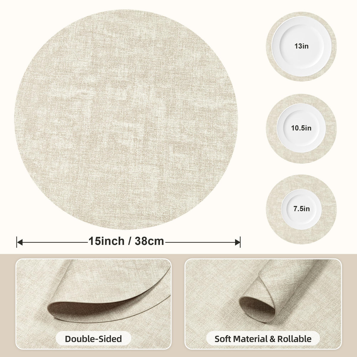 COSMOCASA round placemat beige, non-slip base keeps place settings steady.