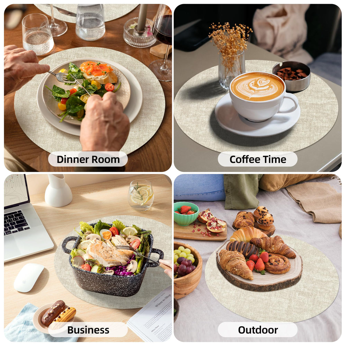 COSMOCASA round placemat beige, reduces utensil noise and table marks.