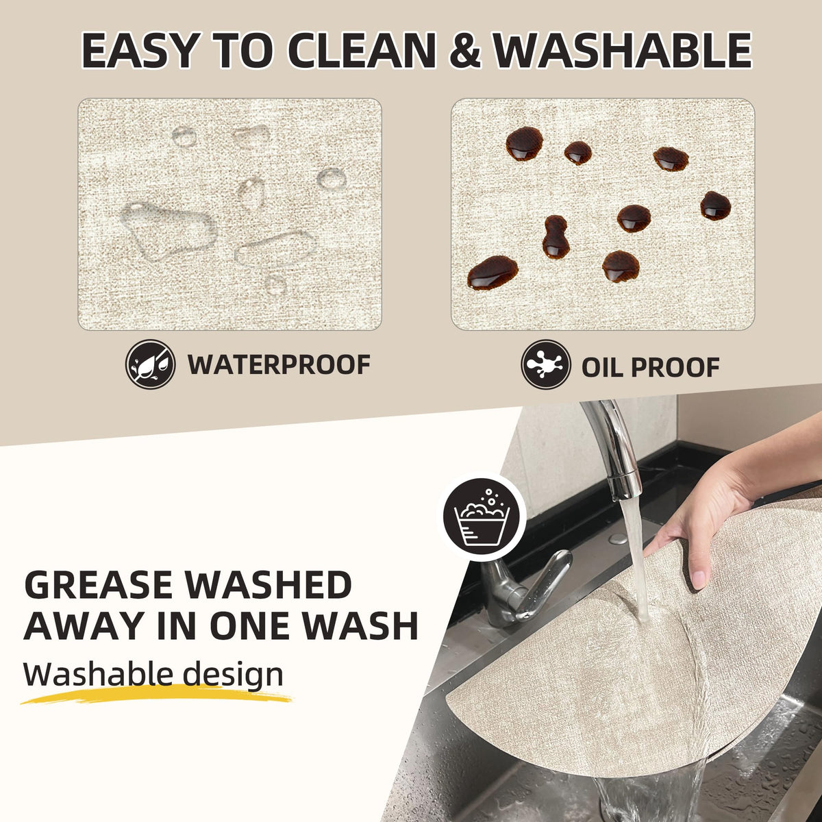 COSMOCASA round placemat beige, waterproof surface resists spills.