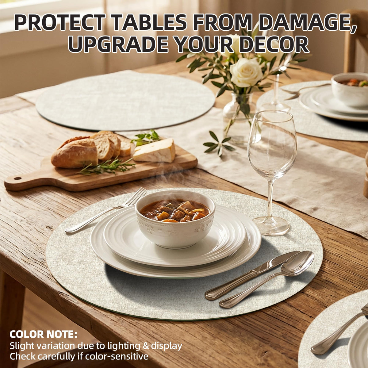 COSMOCASA round placemat beige, wipeable surface makes cleanup quick after meals.