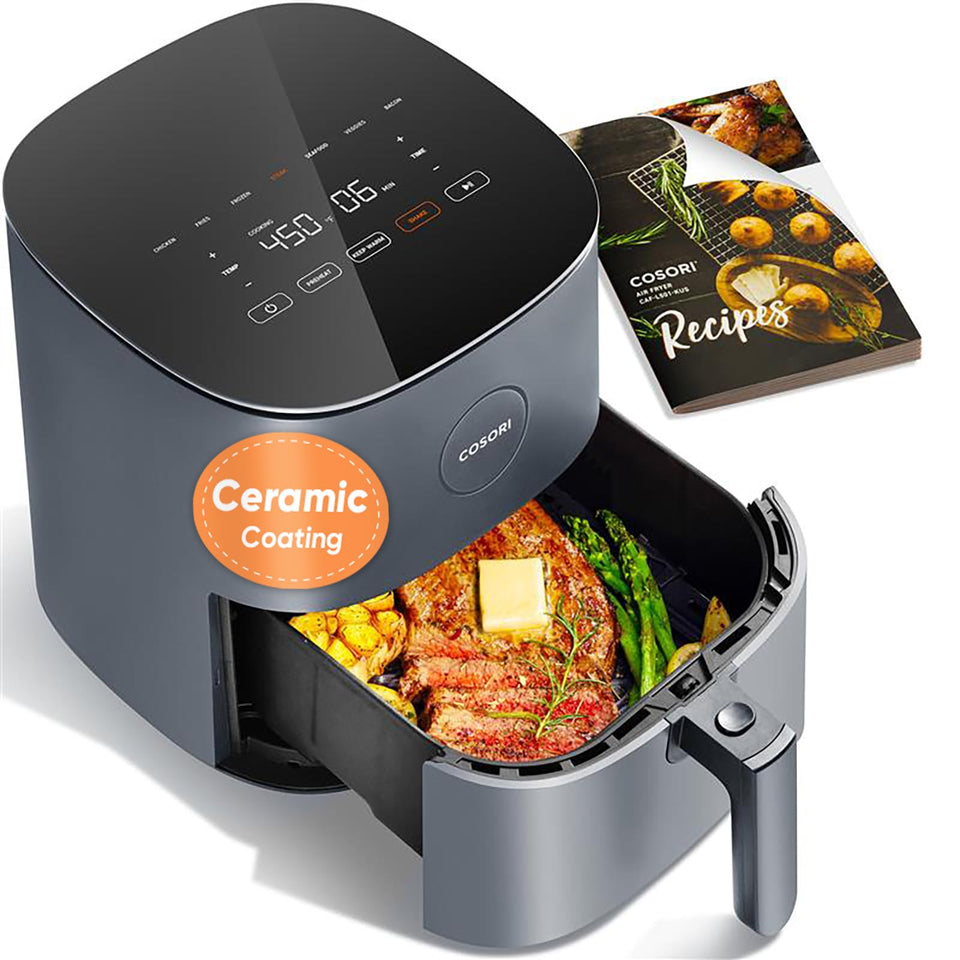 Cosori Pro 5QT air fryer front view in compact kitchen