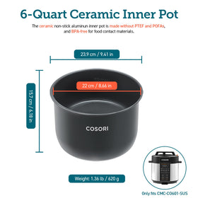 Cosori ceramic inner pot designed for a perfect fit in CMC-CO601-SUS.
