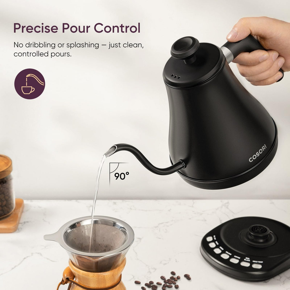 Cosori CO108-NK preset panel showing five temperature options for brewing.